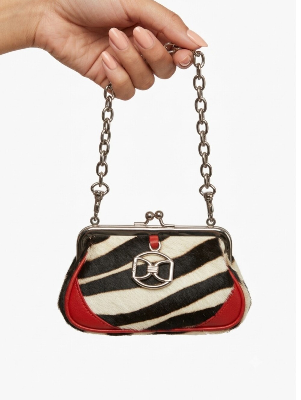 Vintage DKNY Zebra Print Calf Hair Kiss Lock Red Trim Chain Strap Y2K Mini Bag